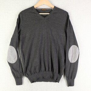 Stenstroms Sweater Mens Medium Gray Merino Wool Lightweight Elbow Patches V Neck